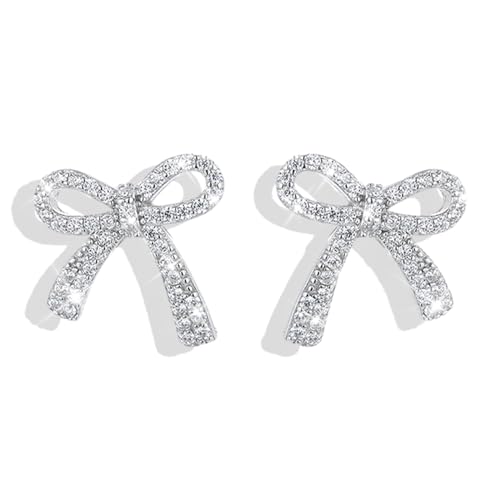 Frodete Silver Bow Earrings for Women Trendy Sparkly Rhinestone Chain Tassel Earrings Cute Ribbon Stud Earring Daily Party Jewerly Gifts Christmas Stocking Stuffers - Image 1