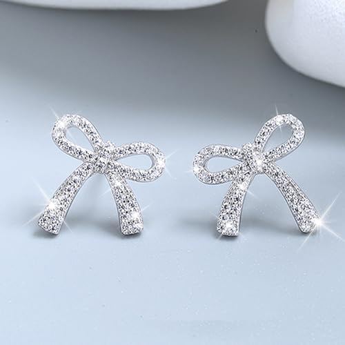 Frodete Silver Bow Earrings for Women Trendy Sparkly Rhinestone Chain Tassel Earrings Cute Ribbon Stud Earring Daily Party Jewerly Gifts Christmas Stocking Stuffers - Image 4