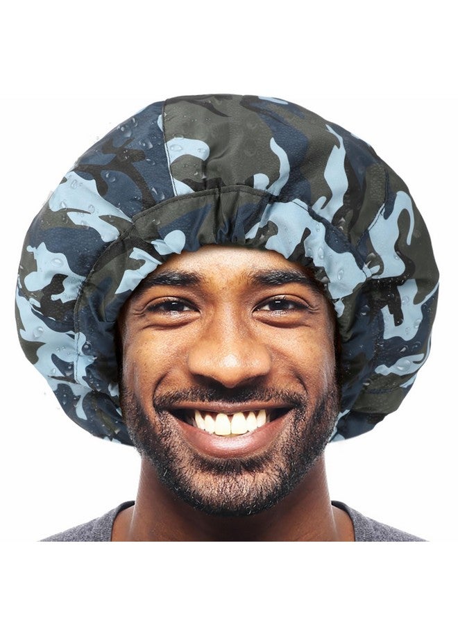 Aileam Shower Cap For Men Blue Camouflage Bath Cap, Reversible Large Waterproof Adjustable Shower Caps Terry Lining & Elastic Band Stretch Hem Hair Hat - Image 1