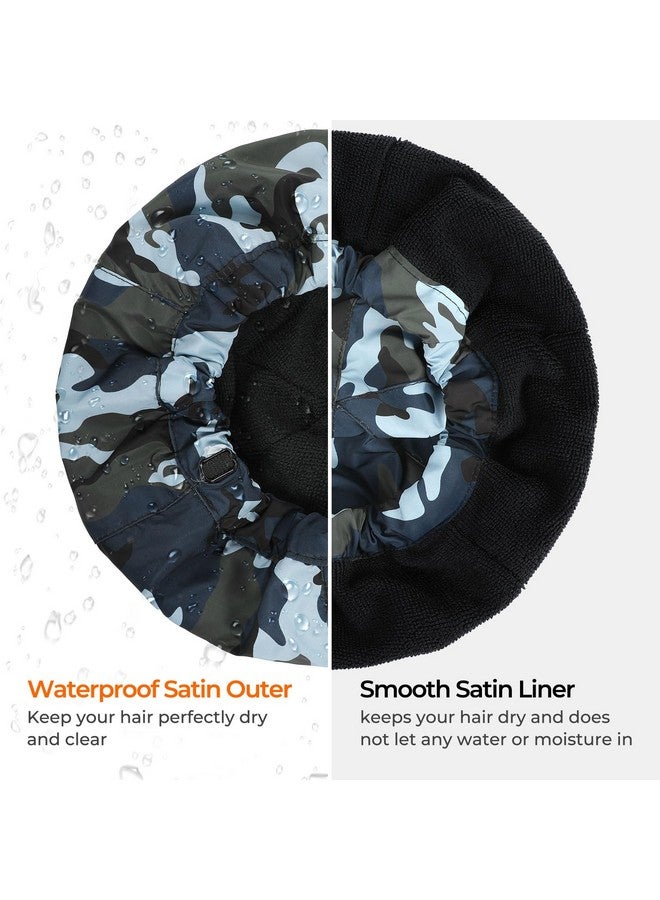 Aileam Shower Cap For Men Blue Camouflage Bath Cap, Reversible Large Waterproof Adjustable Shower Caps Terry Lining & Elastic Band Stretch Hem Hair Hat - Image 5