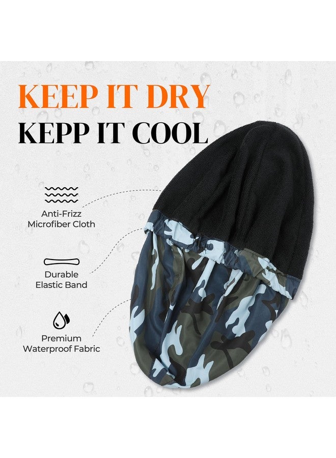 Aileam Shower Cap For Men Blue Camouflage Bath Cap, Reversible Large Waterproof Adjustable Shower Caps Terry Lining & Elastic Band Stretch Hem Hair Hat - Image 2