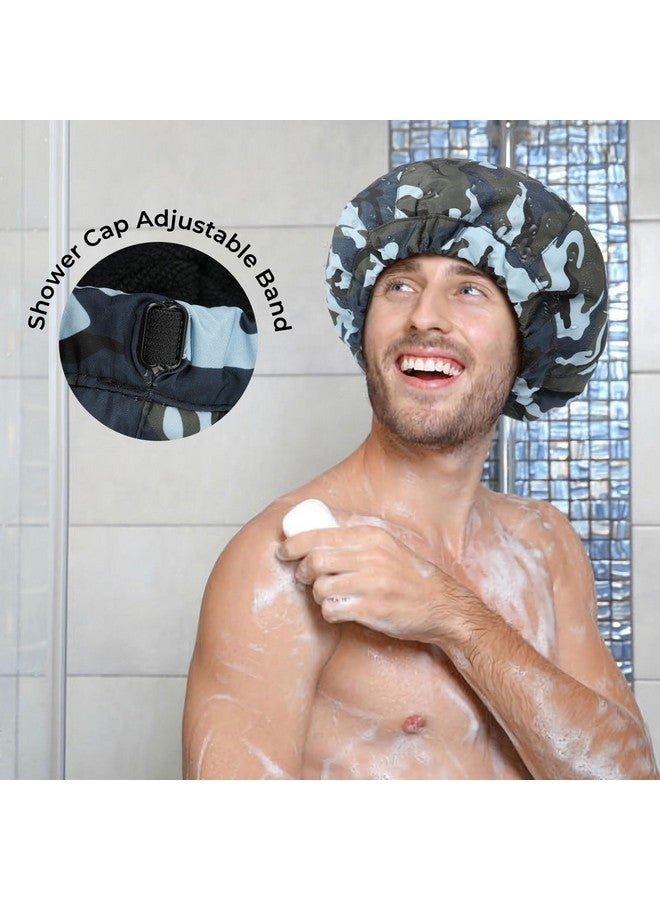 Aileam Shower Cap For Men Blue Camouflage Bath Cap, Reversible Large Waterproof Adjustable Shower Caps Terry Lining & Elastic Band Stretch Hem Hair Hat - Image 4