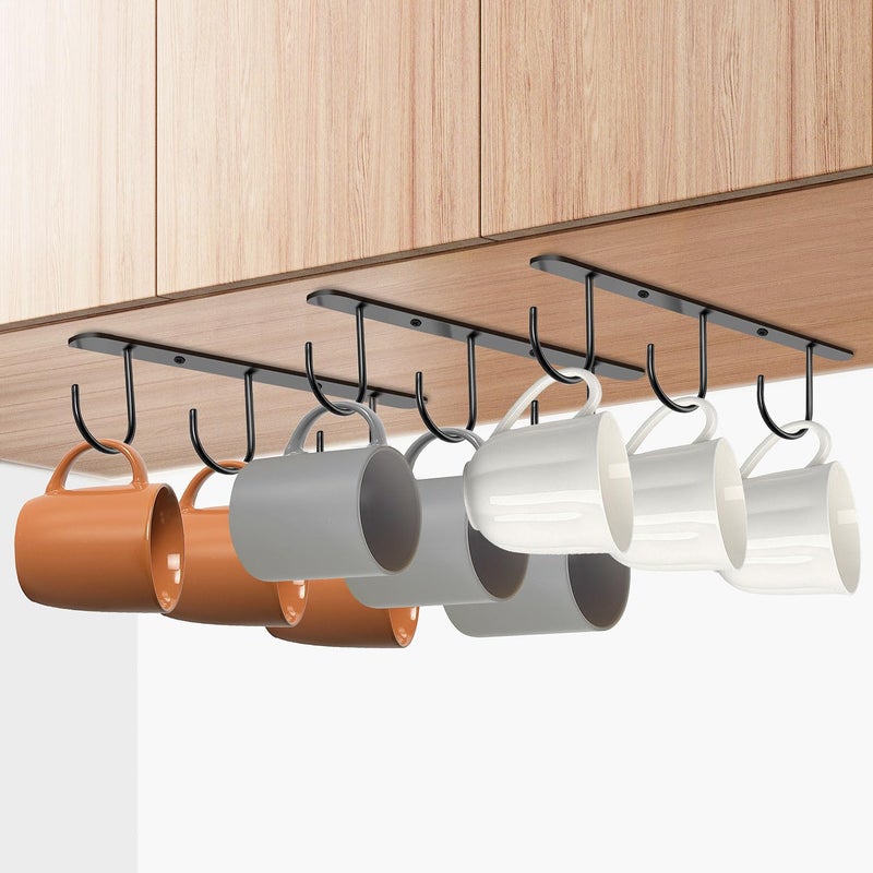 Ahardaim 3 Pack Mug Hooks Under Cabinet, Hanging Coffee Mug Holder for Kitchen Cabinet/Shelf, Coffee Mug Organizer with 9 Hooks, for Mugs, Cups, Kitchen Utensils Display, Black - Image 1