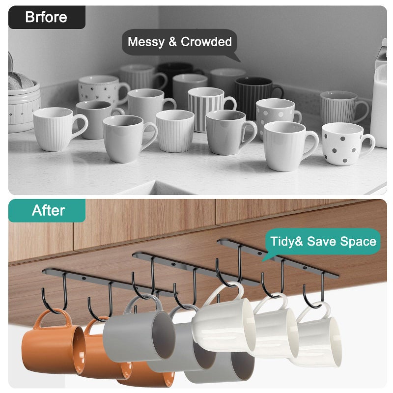 Ahardaim 3 Pack Mug Hooks Under Cabinet, Hanging Coffee Mug Holder for Kitchen Cabinet/Shelf, Coffee Mug Organizer with 9 Hooks, for Mugs, Cups, Kitchen Utensils Display, Black - Image 4
