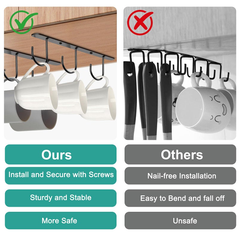 Ahardaim 3 Pack Mug Hooks Under Cabinet, Hanging Coffee Mug Holder for Kitchen Cabinet/Shelf, Coffee Mug Organizer with 9 Hooks, for Mugs, Cups, Kitchen Utensils Display, Black - Image 5