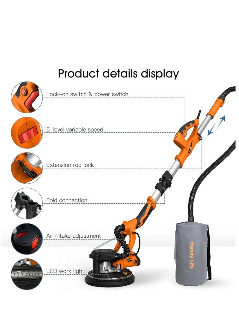 XiuWoo 850W Electric Drywall Sander with Vacuum Attachment and Retractable Handle, wall putty grinding sanding machine with Vacuum Cleaner and Light, for Woodworking Home Improvement - Image 2