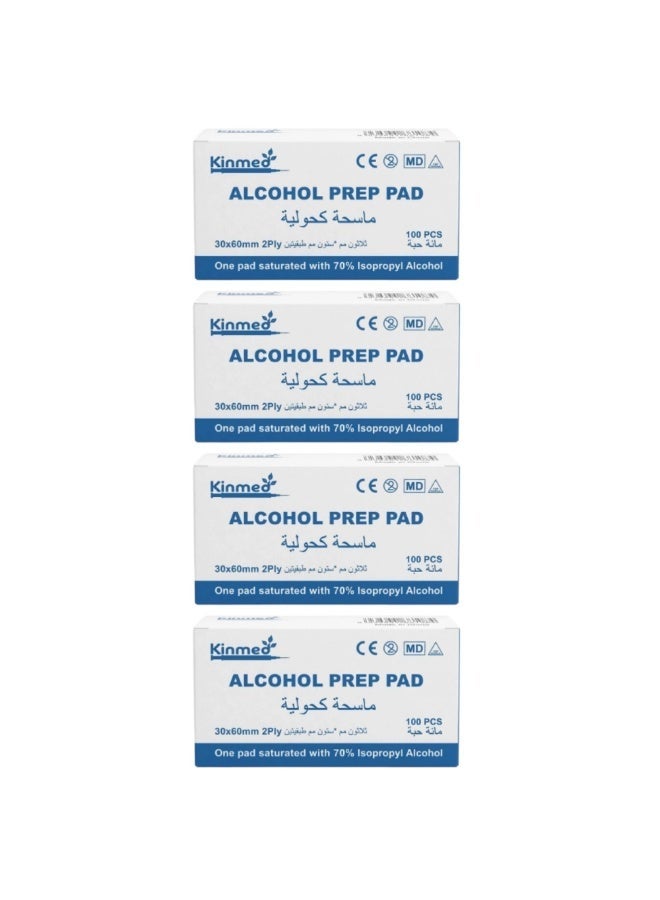 Kinmed Alcohol Prep Pads, 70% Isopropyl Alcohol Sterile Swabs, 2-Ply (30x60mm) - Pack of 4 Boxes (400 PCS Total) - Image 1