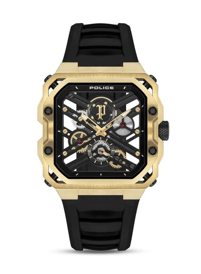 POLICE Men's Men's Disruptor I Men's 45mm Ion-Plated Gold Watch with Brushed Dial & Black Silicone Strap