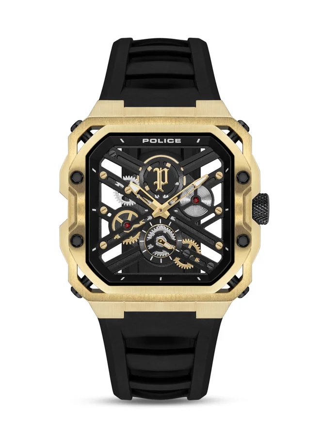 بوليس Men's Disruptor I Men's 45mm Ion-Plated Gold Watch with Brushed Dial & Black Silicone Strap