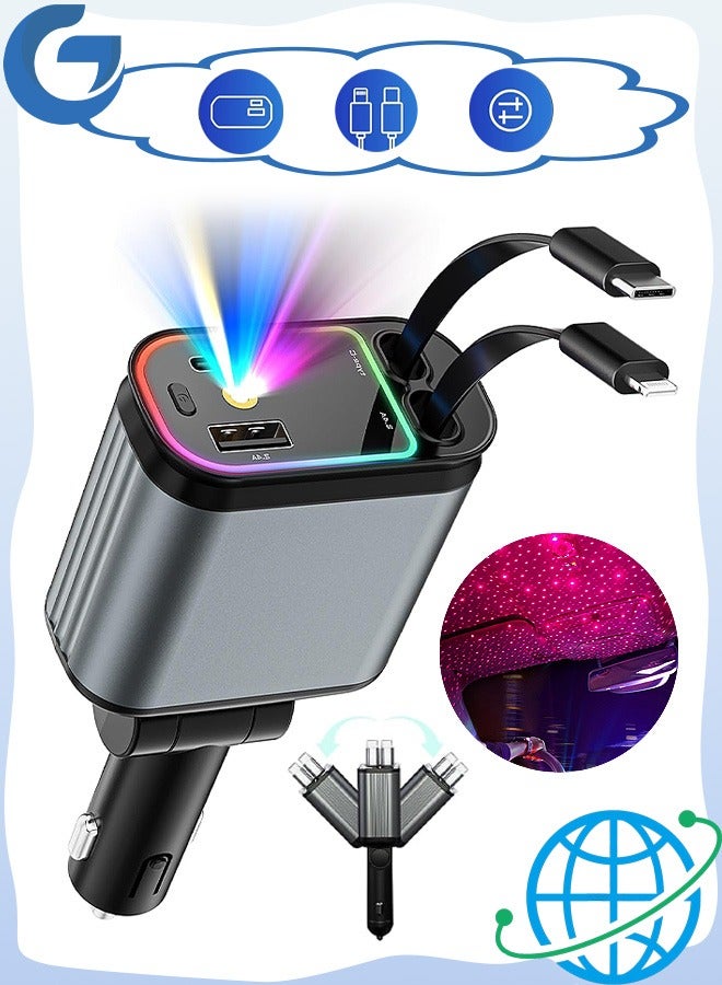 Gecomo Car Charger with Starlight, 120W Fast Car Chargers Adapter, 4 in 1 Retractable Car Charger with 2 USB Ports, Universal Compatibility for All Devices - Image 1