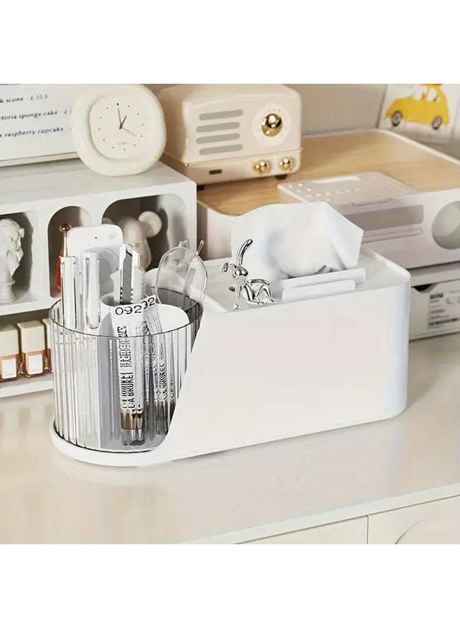 White Rotating Desktop Tissue Box With Phone Pen Storage Space Saving Organizer - Image 1