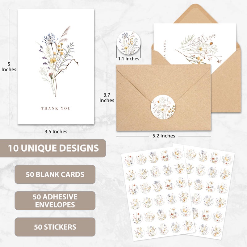 AUDREE Wildflower Thank You Cards with Envelopes (50 Pack 3.5" x 5.2") â€“ Floral Thank You Notes with Adhesive Envelopes & Matching Stickers for Weddings, Baby & Bridal Showers - Image 2