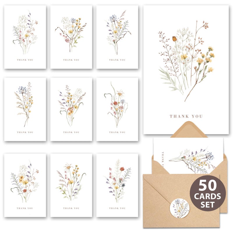 AUDREE Wildflower Thank You Cards with Envelopes (50 Pack 3.5" x 5.2") â€“ Floral Thank You Notes with Adhesive Envelopes & Matching Stickers for Weddings, Baby & Bridal Showers - Image 1