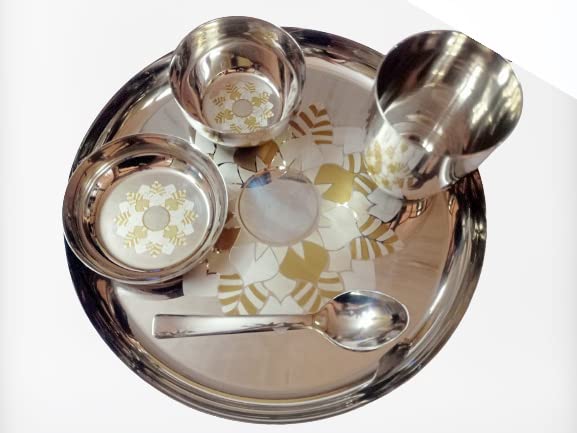SILVESTER Stainless Steel Designer New Look Royal Laser Flower Printed Dinner Set of 5 PCs 1 Thali 1 Bowl1 Halwa Plate1 Glass1 SpoonPack of 5Silver - Image 3