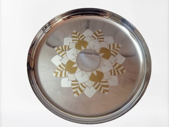 SILVESTER Stainless Steel Designer New Look Royal Laser Flower Printed Dinner Set of 5 PCs 1 Thali 1 Bowl1 Halwa Plate1 Glass1 SpoonPack of 5Silver - Image 2