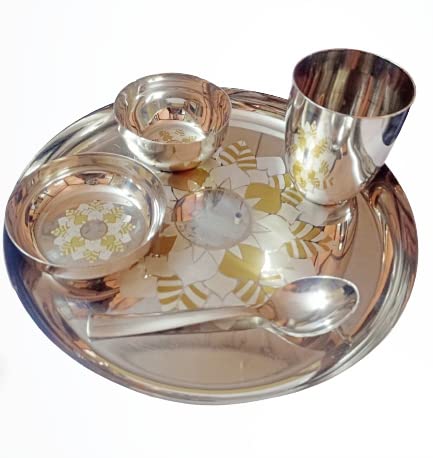 SILVESTER Stainless Steel Designer New Look Royal Laser Flower Printed Dinner Set of 5 PCs 1 Thali 1 Bowl1 Halwa Plate1 Glass1 SpoonPack of 5Silver - Image 1
