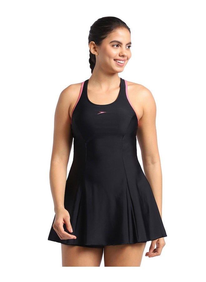 speedo Speedo Women's Endurance Racerback Swimdress with Boyleg - Black & Fandango Pink  - Image 1