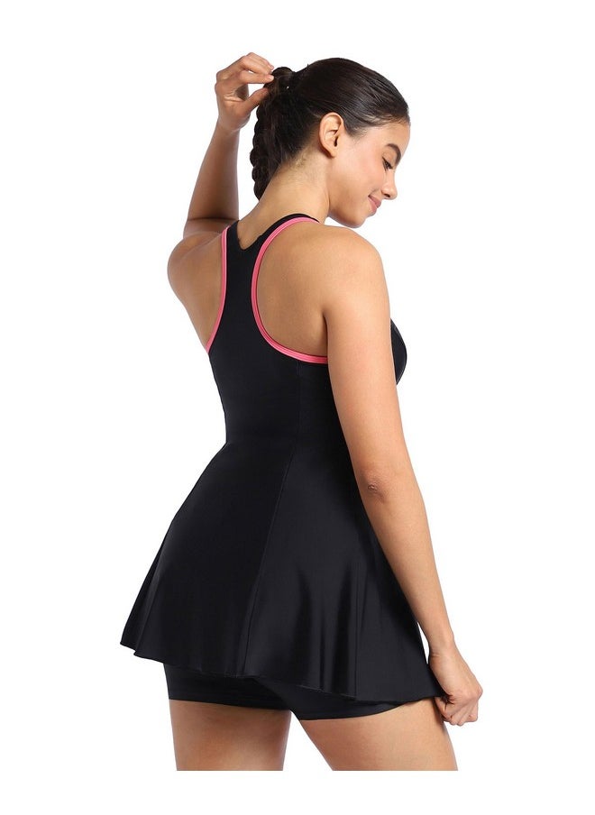 speedo Speedo Women's Endurance Racerback Swimdress with Boyleg - Black & Fandango Pink  - Image 3