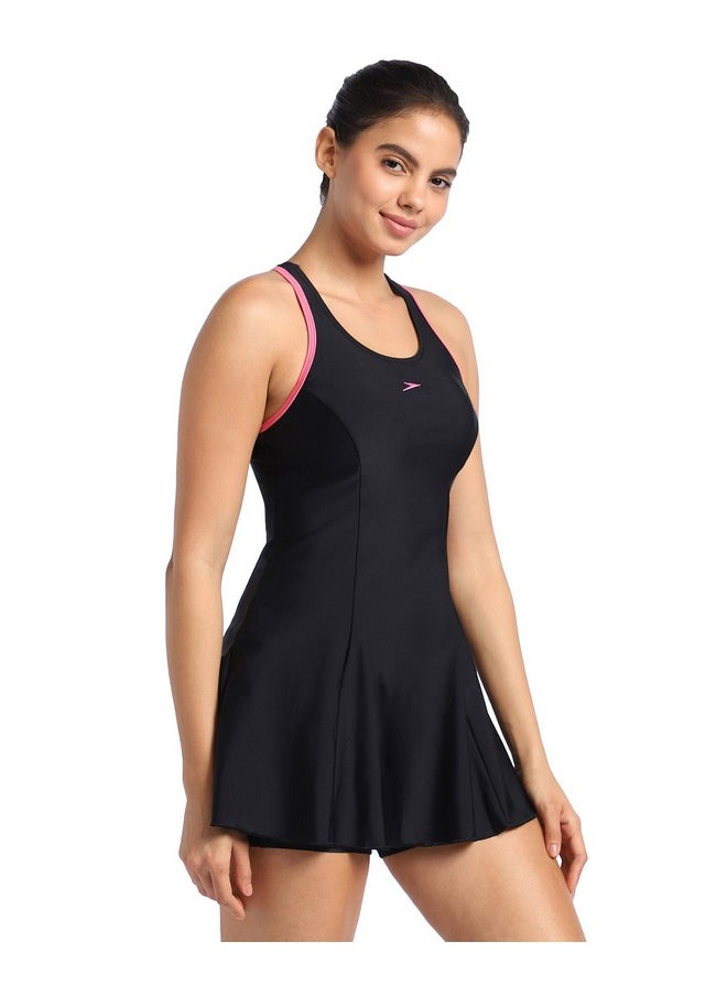 speedo Speedo Women's Endurance Racerback Swimdress with Boyleg - Black & Fandango Pink  - Image 2