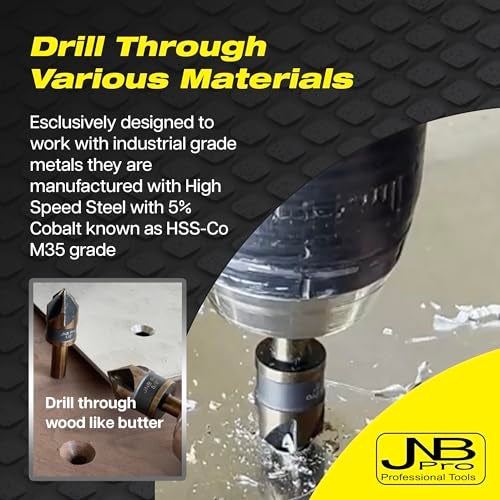 JNB Pro 5PC Countersink Bits for Steel - Sizes 1/4" 3/8" 1/2" 5/8" 3/4", Metal Working Countersinks, 5 Flute Design 82° M35 HSS 5% Cobalt Grade Bit 1/4" Shank - Ideal for Stationary or Hand Drill - Image 3
