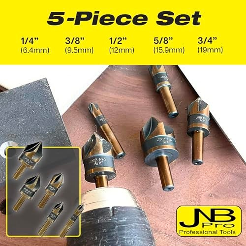 JNB Pro 5PC Countersink Bits for Steel - Sizes 1/4" 3/8" 1/2" 5/8" 3/4", Metal Working Countersinks, 5 Flute Design 82° M35 HSS 5% Cobalt Grade Bit 1/4" Shank - Ideal for Stationary or Hand Drill - Image 2