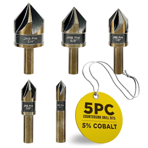 JNB Pro 5PC Countersink Bits for Steel - Sizes 1/4" 3/8" 1/2" 5/8" 3/4", Metal Working Countersinks, 5 Flute Design 82° M35 HSS 5% Cobalt Grade Bit 1/4" Shank - Ideal for Stationary or Hand Drill - Image 1