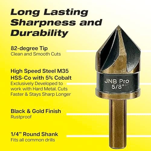JNB Pro 5PC Countersink Bits for Steel - Sizes 1/4" 3/8" 1/2" 5/8" 3/4", Metal Working Countersinks, 5 Flute Design 82° M35 HSS 5% Cobalt Grade Bit 1/4" Shank - Ideal for Stationary or Hand Drill - Image 5