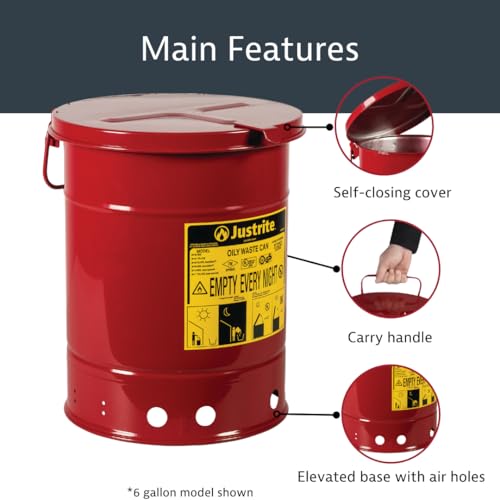 Justrite 6 Gallon Galvanized Steel Oily Waste Can, 16" x 12" Metal Oil Rag Safety Can with Hand Operated Self-Closing Lid for Oil Rag Disposal, Made in The USA, Red, 09110 - Image 4