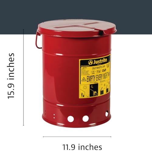 Justrite 6 Gallon Galvanized Steel Oily Waste Can, 16" x 12" Metal Oil Rag Safety Can with Hand Operated Self-Closing Lid for Oil Rag Disposal, Made in The USA, Red, 09110 - Image 2