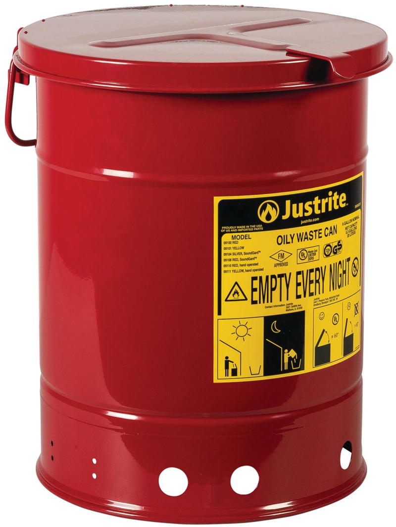 Justrite 6 Gallon Galvanized Steel Oily Waste Can, 16" x 12" Metal Oil Rag Safety Can with Hand Operated Self-Closing Lid for Oil Rag Disposal, Made in The USA, Red, 09110 - Image 1