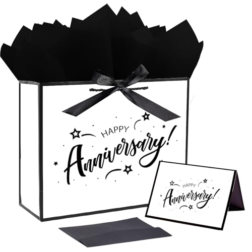 JWSCYSY 12.6" Large White and Metallic Black Happy Anniversary Paper Bag - Image 1