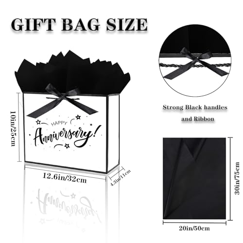 JWSCYSY 12.6" Large White and Metallic Black Happy Anniversary Paper Bag - Image 2