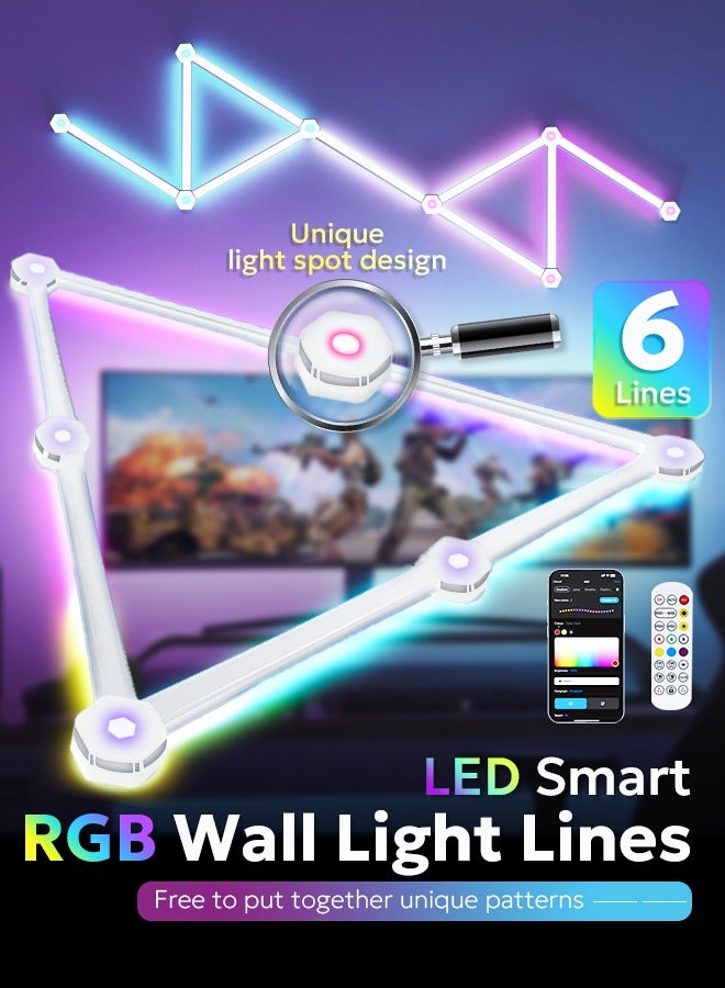 LED Wall Light lines ,RGB Smart LED 6 Light Lines ,Music Sync Home Creative Decor LED Light With 16 Million Colors LED RGB Wall Lights For Gaming Room ,Led Wall Decor Light For Bedroom and Movie Room ,RGB Smart LED Light with Remote Control and USB Powered. - Image 1