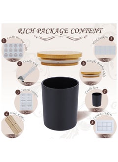 SKYLINK 12 Pack 8oz Black Candle Jars with Bamboo Lids, Complete DIY Candle Making Kit with Wicks, Stickers, Labels, Wick Holders & Glue Dots – Refillable Glass Candle Containers for Homemade Candles  - Image 3