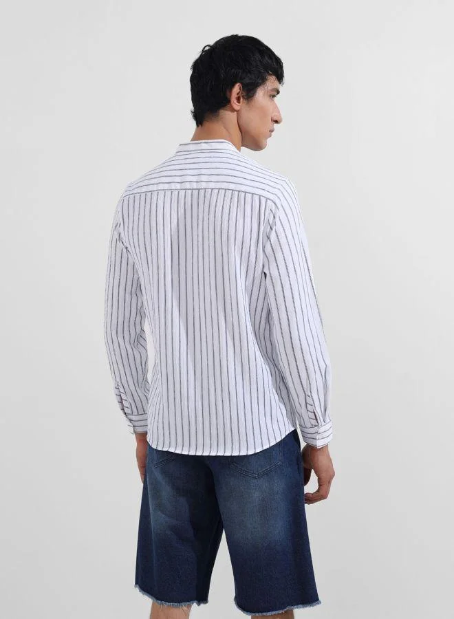 The Indian Garage Co Men Regular Fit Striped Mandarin Collar Full Sleeves Shirt