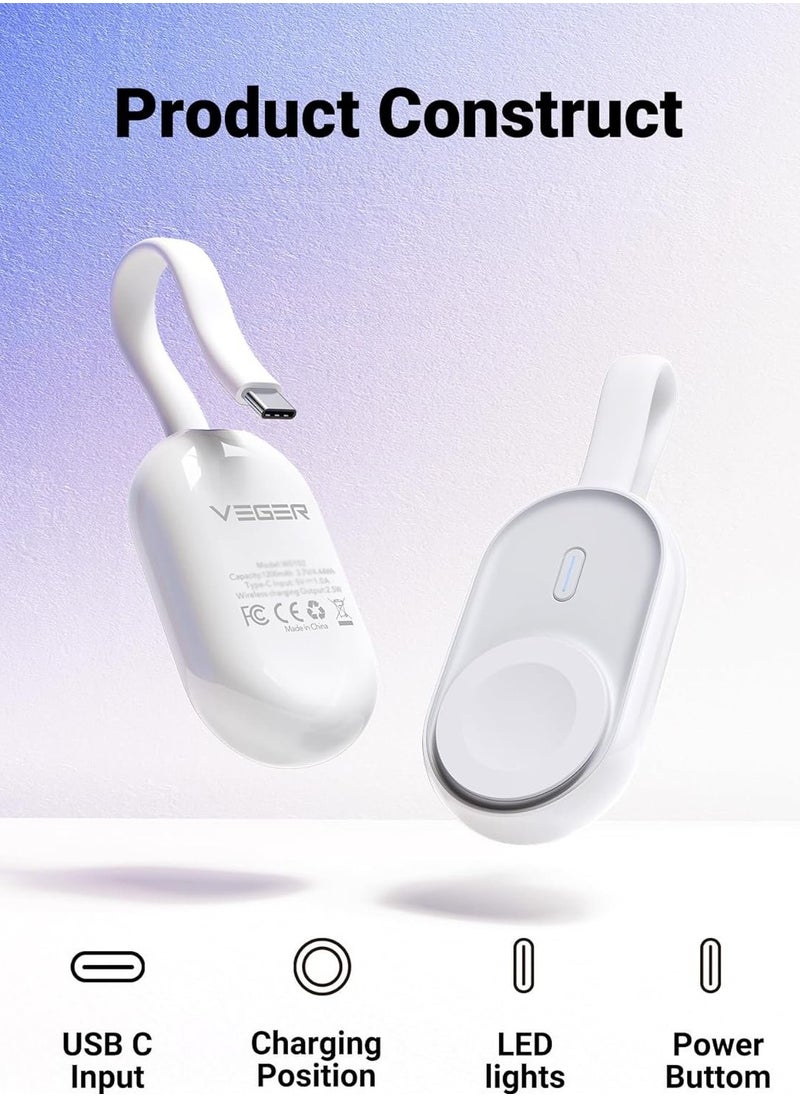 VEGER - VEGER Portable Wireless Charger Magnetic Power Bank for Apple Watch, 1500mAh Watch Battery Pack with Input Cable, Compatible with Apple Watch Series 10/9/8/7/6/5/4/3/2/1/SE/Ultra - White - Image 1