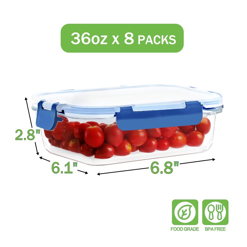 HOMBERKING 8 Pack 36oz Large Glass Meal Prep Containers with lids, Glass Food Storage Containers with Leak Proof Snap Lock Lids , Airtight Bento lunch Boxes, Kitchen Storage, Oven and Dishwasher Safe-Deep Blue - Image 2