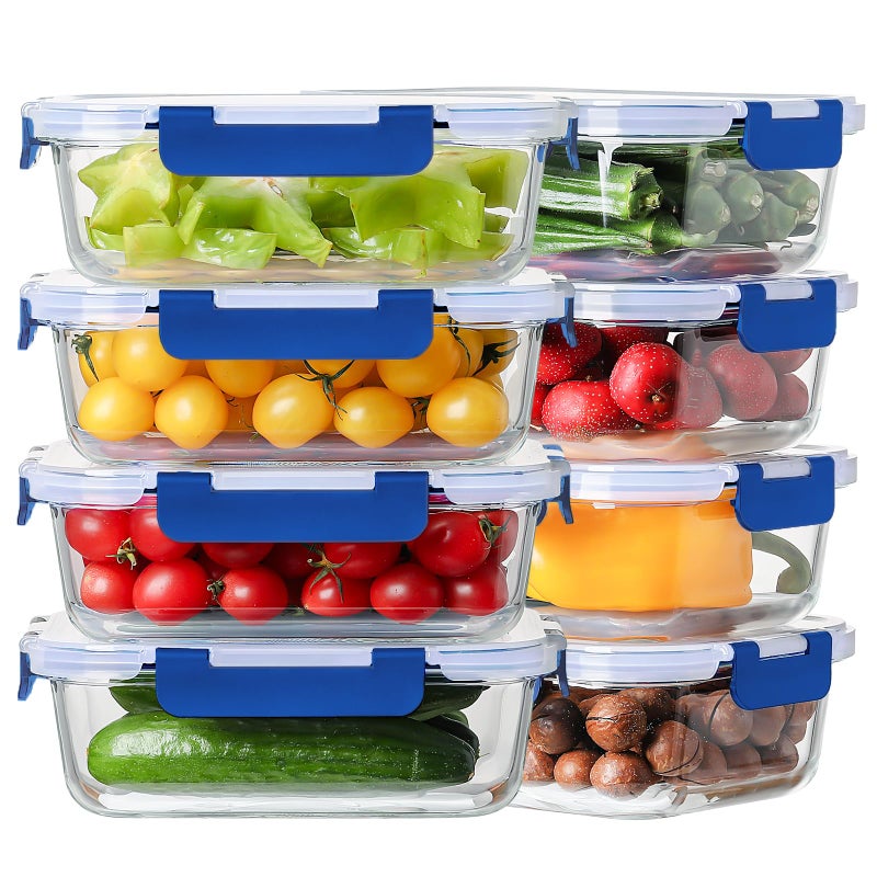 HOMBERKING 8 Pack 36oz Large Glass Meal Prep Containers with lids, Glass Food Storage Containers with Leak Proof Snap Lock Lids , Airtight Bento lunch Boxes, Kitchen Storage, Oven and Dishwasher Safe-Deep Blue - Image 1