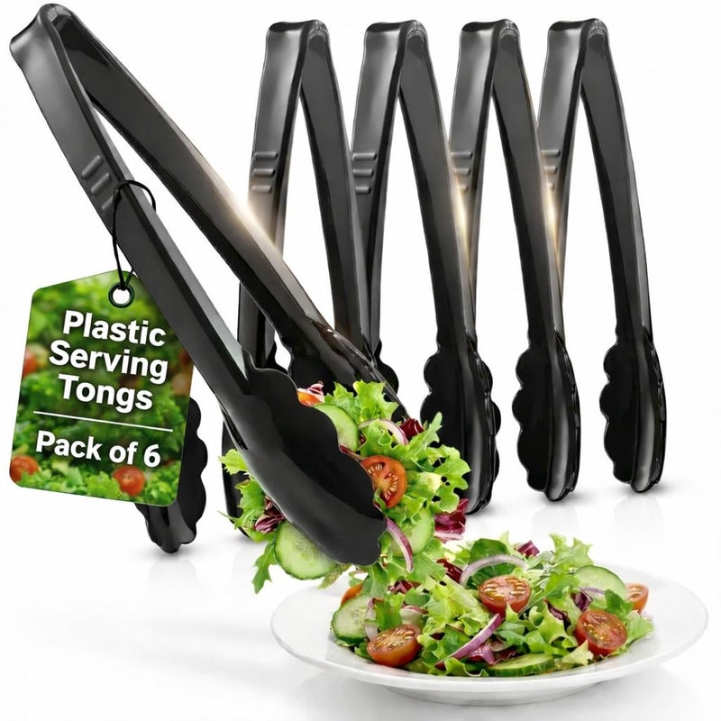JoyServe Plastic Tongs for Serving (Pack of 6) 9 Inch - Heavy-Duty Hard Plastic Reusable or Disposable Serving Tongs for Catering, Dinner Parties, Banquets, Buffets, Events, Weddings and Everyday Use, Black - Image 1