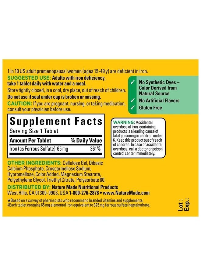 Nature Made - Iron 65 mg (325 mg Ferrous Sulfate) Tablets, Dietary Supplement for Red Blood Cell Support, 180 Tablets, 180 Day Supply - Image 1