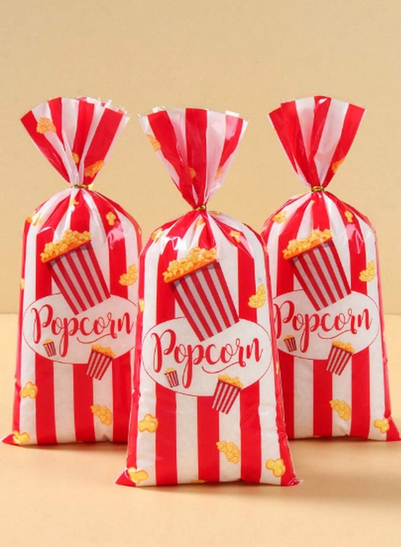 طقم 25 كيس حلوى بتصميم البوب كورن – مخطط بالأحمر والأبيض مع أربطة ذهبية - Image 1