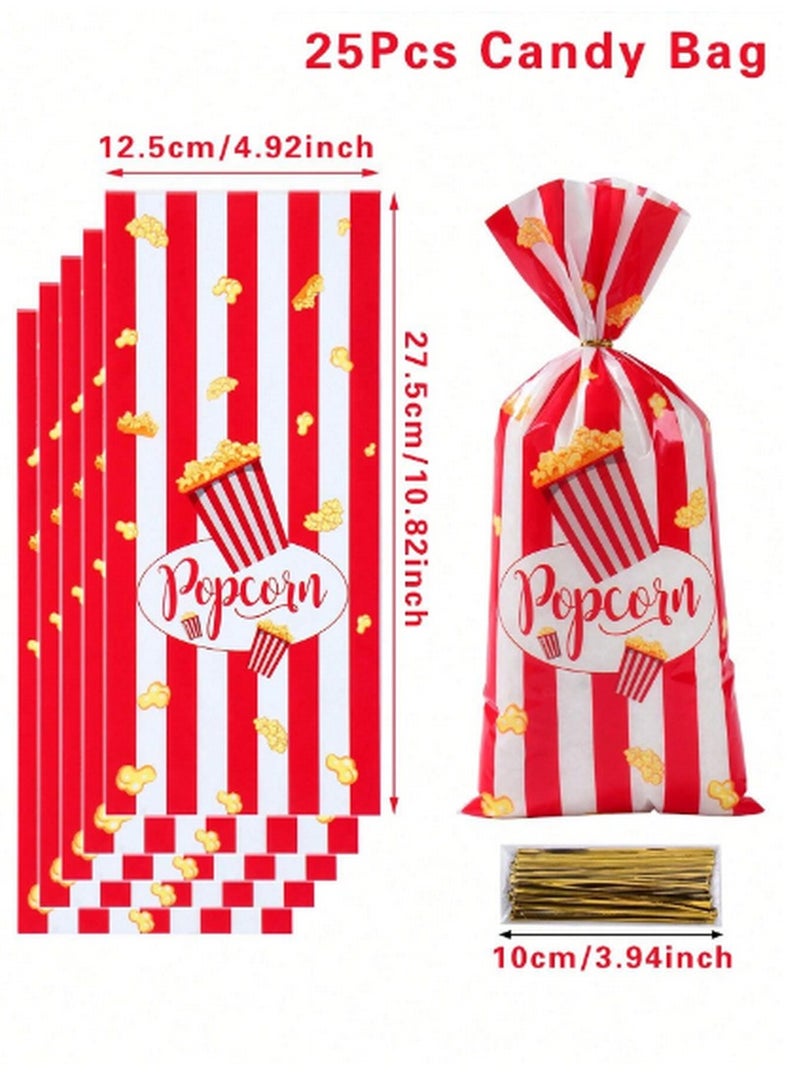 طقم 25 كيس حلوى بتصميم البوب كورن – مخطط بالأحمر والأبيض مع أربطة ذهبية - Image 5