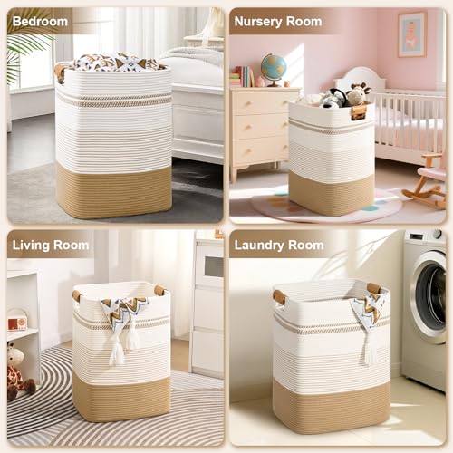 Degeyoyo Laundry Hamper, 95L Tall Laundry Basket with Leather Handles, Rectangle Large Clothes Hamper for Organizing, Cotton Woven Laundry Baskets Storage Hampers for Bedroom, Nursery, Living Room - Image 5