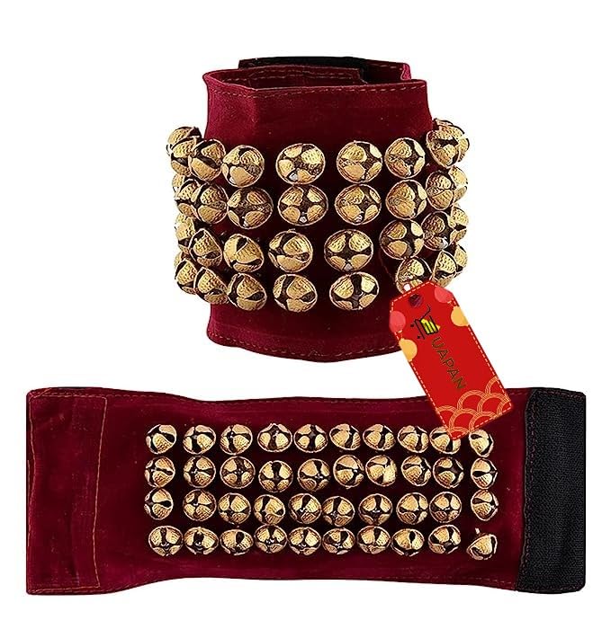 UAPAN Brass Ghungroo Ankle Bells Velvet 4 line Pad for Classical Kathak Dance with Adjustable Strap (Maroon Velvet,80 Bells) - Image 1