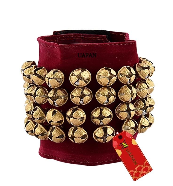 UAPAN Brass Ghungroo Ankle Bells Velvet 4 line Pad for Classical Kathak Dance with Adjustable Strap (Maroon Velvet,80 Bells) - Image 4