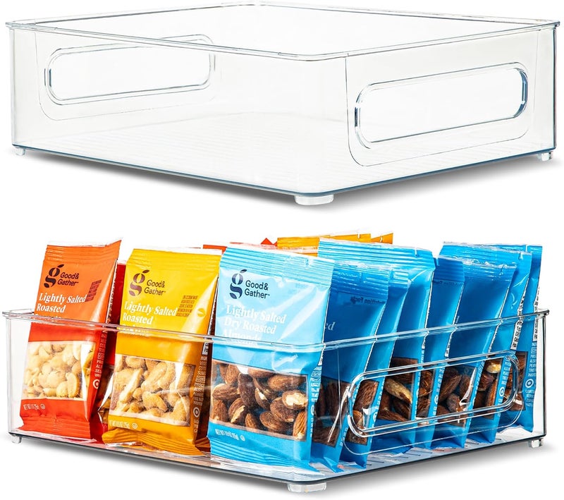 PrimeBox Plastic Food Storage 2 pack Clear Container Bin with Handles for Organizing Kitchen, Pantry, Refrigerator, Freezer, Pantry, Cabinet, Closet, Bathroom. Stackable 10”x8”x3” - Image 1