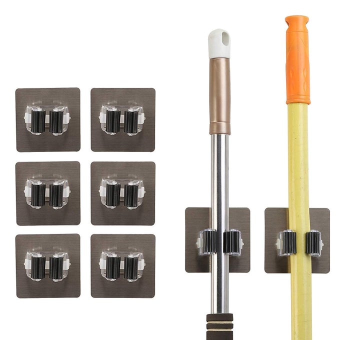 SELF ADHESIVE REUSABLE NO DRILLING ANTISLIP MOUNTED MOP BROOM HOLDER GRIPPER HOLDS STORAGE RACK ORGANIZATION FOR HOME KITCHEN GARAGE AND WARDROBE 6