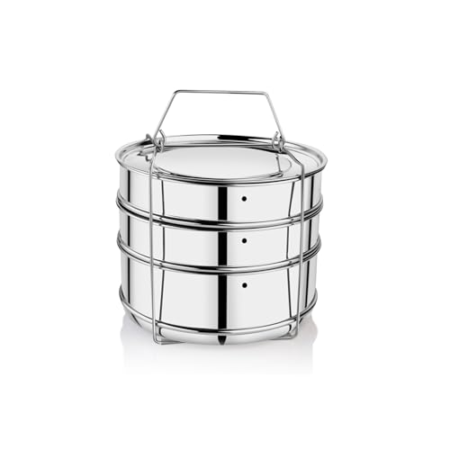 Embassy Stainless Steel Cooker Separator | Suitable for 10 litres Pigeon Outer Lid Pressure Cookers | 3 Containers with Lifter | Dimension - 15x15x21 cm - Image 1