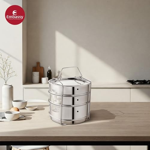 Embassy Stainless Steel Cooker Separator | Suitable for 10 litres Pigeon Outer Lid Pressure Cookers | 3 Containers with Lifter | Dimension - 15x15x21 cm - Image 2