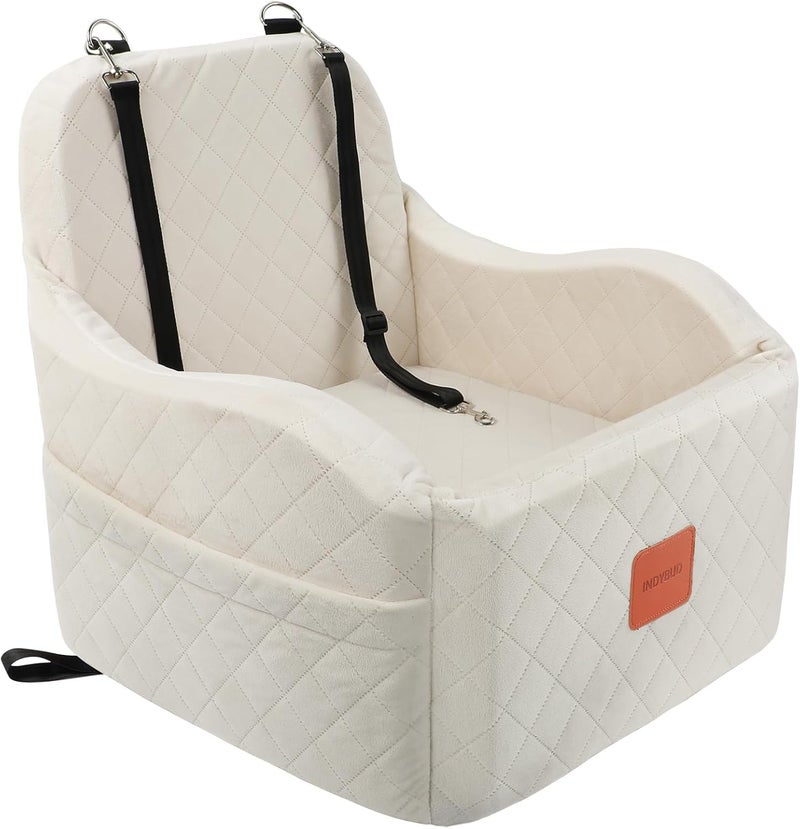 INDYBUD Dog Car Seats for Small Medium Dogs Up to 35lbs, Detachable Washable Soft Pet Booster Travel Bed for Front Seat with Safety Leash Belt (Beige, Medium) - Image 5